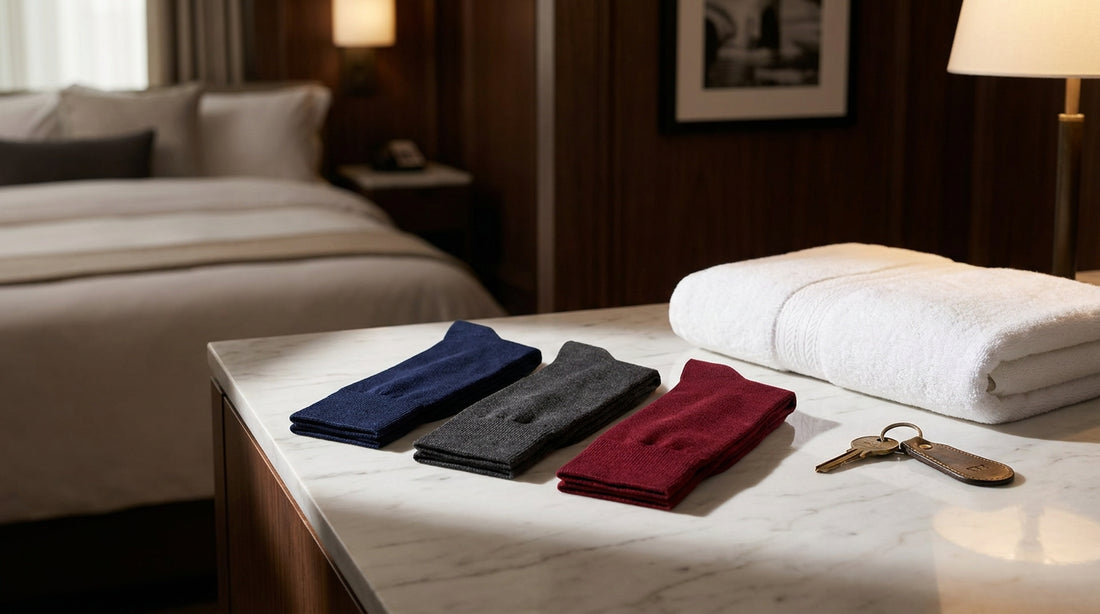 Premium dress socks in navy, charcoal, and burgundy arranged on a marble hotel nightstand beside a folded white towel and brass room key in a luxury hotel room