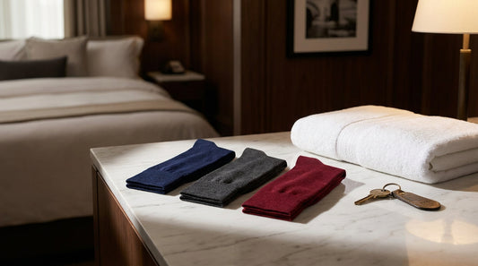 Premium dress socks in navy, charcoal, and burgundy arranged on a marble hotel nightstand beside a folded white towel and brass room key in a luxury hotel room