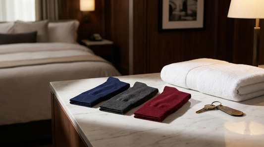 Premium dress socks in navy, charcoal, and burgundy arranged on a marble hotel nightstand beside a folded white towel and brass room key in a luxury hotel room