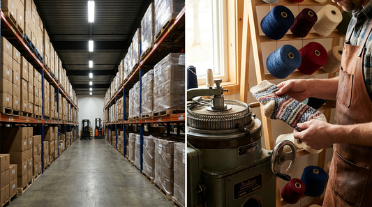 Split view contrasting a mass warehouse with anonymous bulk packaging against a craftsperson inspecting a premium knit sock on an Italian knitting machine