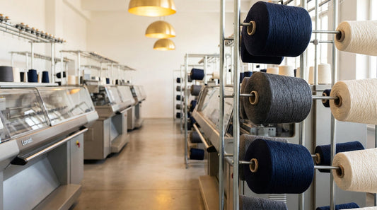 Industrial sock knitting machines with spools of cotton yarn in a modern manufacturing facility
