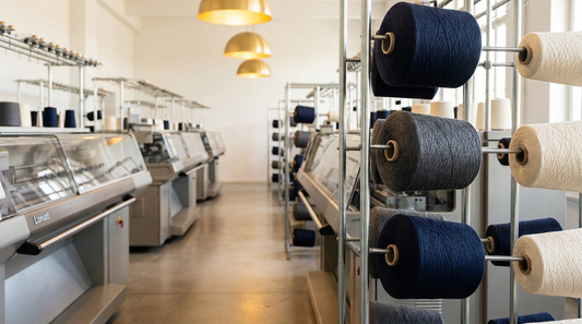 Industrial sock knitting machines with spools of cotton yarn in a modern manufacturing facility