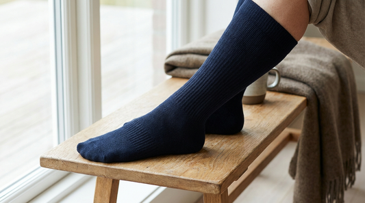 Close-up of a dark navy graduated compression sock on a lower leg showing ribbed knit texture and gentle compression fit