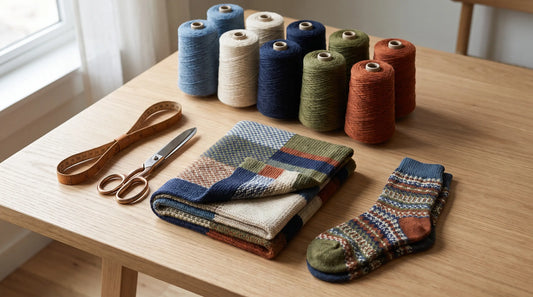 Custom sock design flat-lay: colored yarn cones, a patterned knit swatch, finished Fair-Isle crew socks, tailor's shears and a tape measure on a light wood surface.