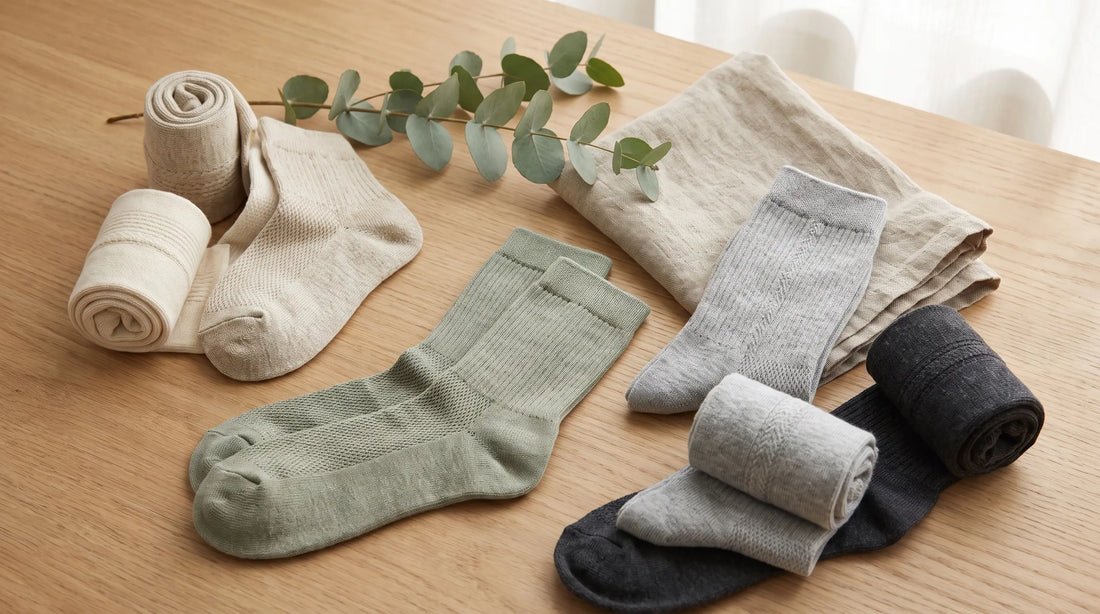 Flat-lay of premium breathable socks in cream, sage, grey and charcoal with ribbed mesh knit, beside eucalyptus and folded linen on a light wood surface.