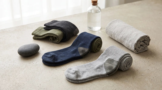 Premium athletic crew socks in navy, grey and olive with cushioned knit, arranged with a rolled towel and a smooth stone on a stone surface.