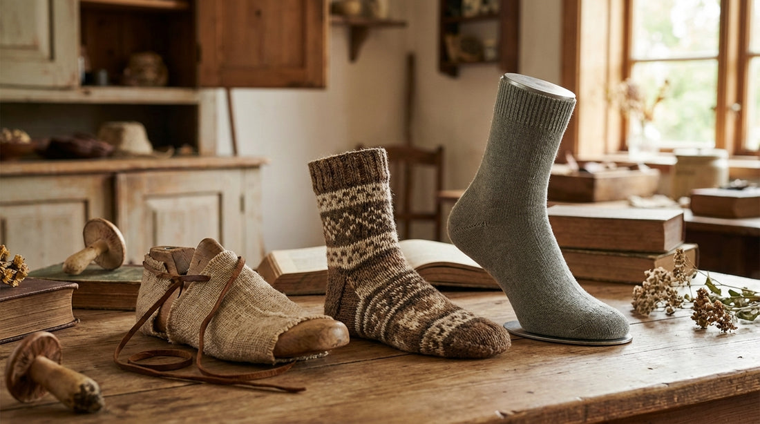 Vintage-style composition showing evolution of socks from ancient wrapped cloth to modern knitted sock