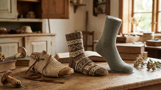 Vintage-style composition showing evolution of socks from ancient wrapped cloth to modern knitted sock