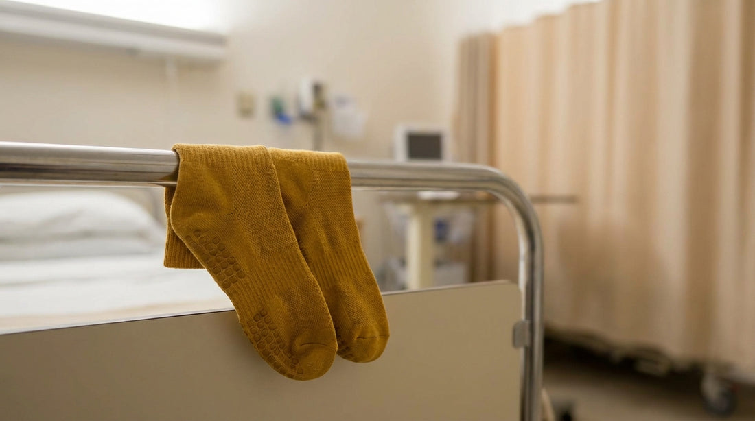 Medical yellow non-slip grip socks on a hospital bed rail with a clinical setting in soft focus behind