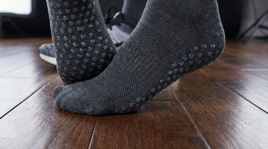 Close-up of grip sock sole showing silicone dot pattern on a polished hardwood floor