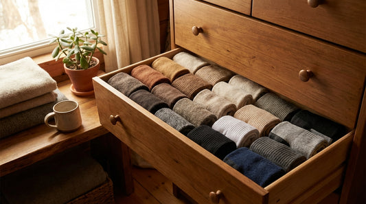 Well-organized sock drawer with 15 pairs neatly arranged by color and type