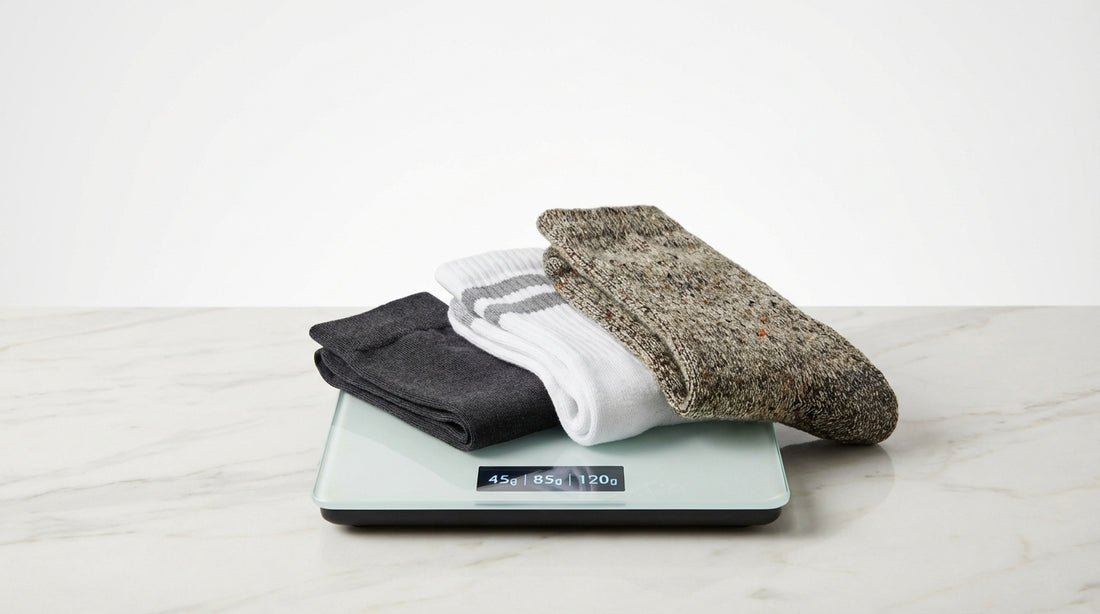 Different sock types on a small digital scale showing weight comparison across dress athletic and hiking