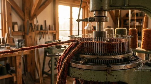 Sock knitting machine close-up showing yarn being fed into needles during production