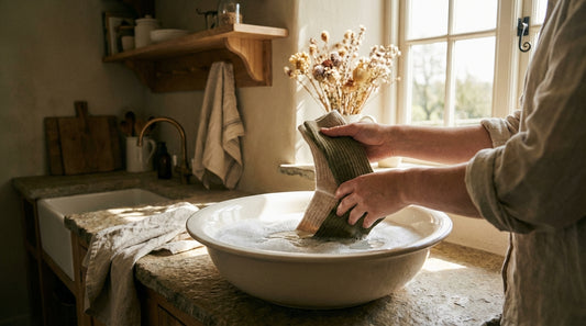 Premium socks being gently hand-washed in a basin of cool water for proper sock care