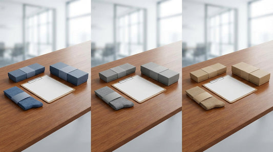 Side-by-side comparison of three sock manufacturing programs with sample socks, order forms, and branded packaging on a clean workspace