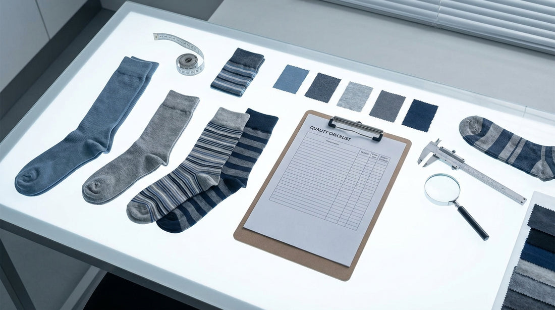 Sock samples spread on a light table with quality checklist and measuring tools