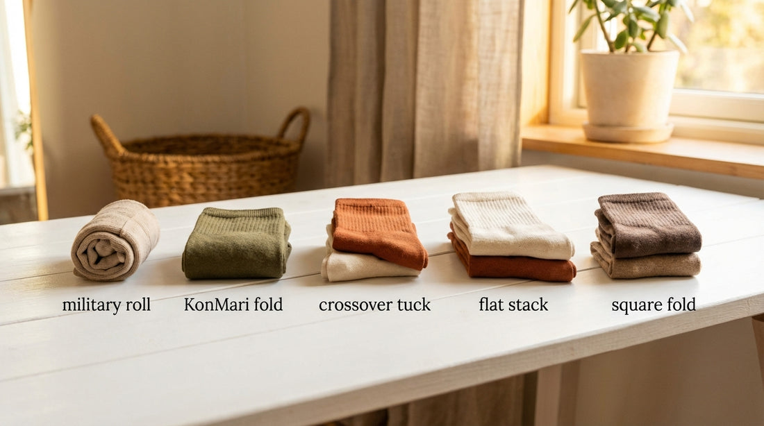 Five different sock folding methods demonstrated side-by-side on a clean white surface