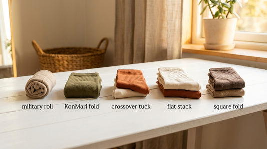 Five different sock folding methods demonstrated side-by-side on a clean white surface