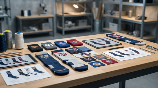 Premium custom socks with collegiate and sports brand logos laid out on a manufacturing table with design mockups