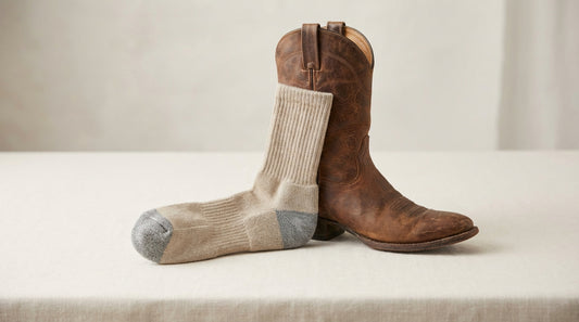 Close-up of a blister prevention boot sock showing padded heel and seamless toe next to a worn leather cowboy boot
