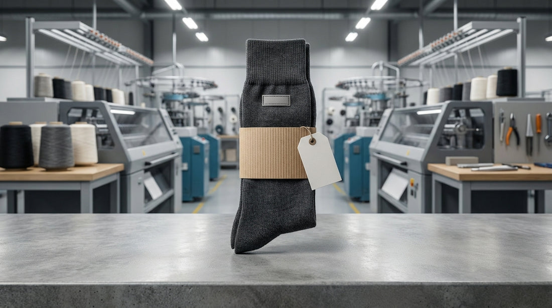 Custom woven label dress socks with branded packaging belly band and hangtag arranged on a clean retail counter