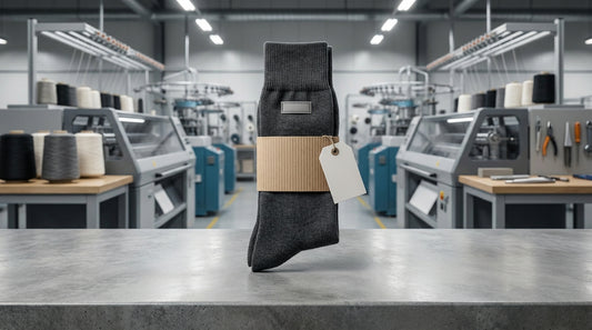 Custom woven label dress socks with branded packaging belly band and hangtag arranged on a clean retail counter
