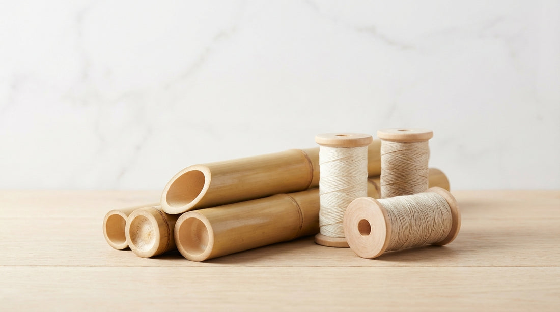 Cross-section of bamboo stalks alongside spools of bamboo viscose and lyocell yarn on a natural wood surface
