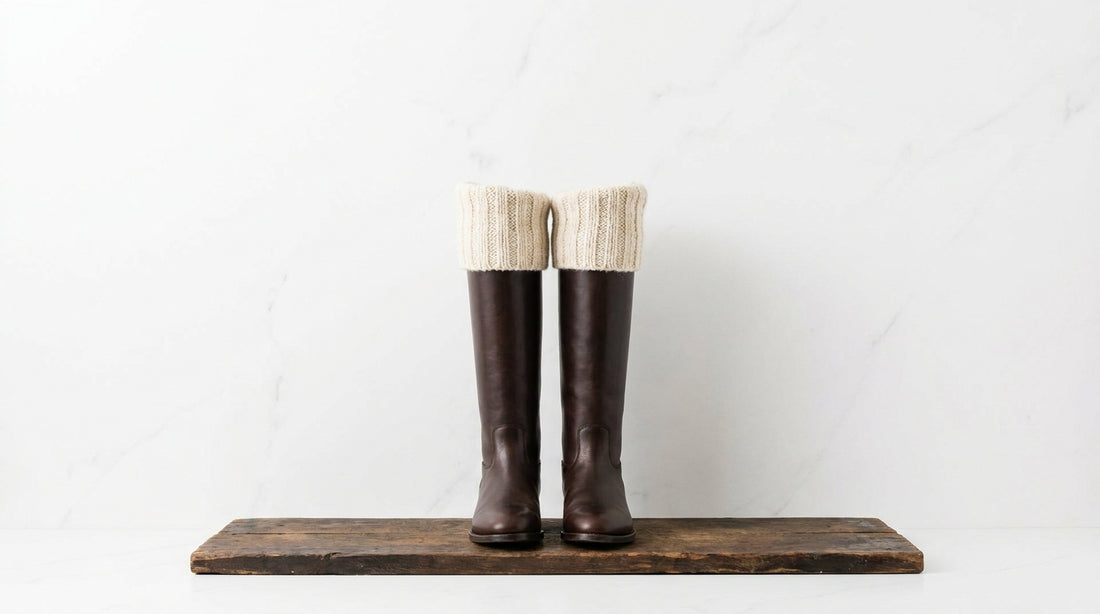 Knee high wool socks folded over the shaft of tall leather riding boots resting on a rustic wooden surface