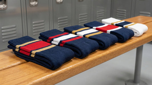 Over-the-calf athletic team socks in bold stripe patterns laid on a locker room bench