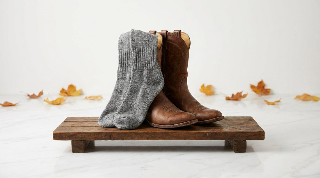 Pair of merino wool boot socks draped over weathered leather cowboy boots on a rustic wooden bench with autumn leaves in the background