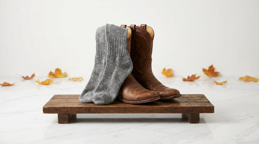 Pair of merino wool boot socks draped over weathered leather cowboy boots on a rustic wooden bench with autumn leaves in the background