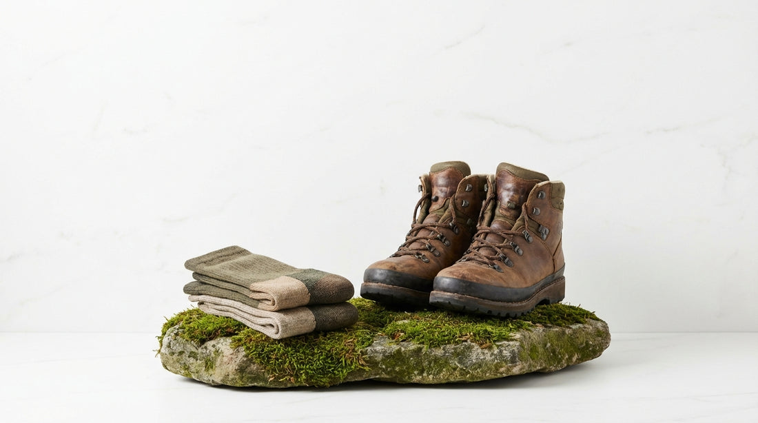 Merino wool hiking socks and leather hiking boots on a mossy rock with soft natural daylight