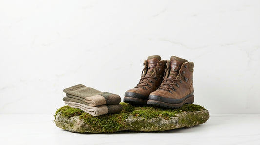 Merino wool hiking socks and leather hiking boots on a mossy rock with soft natural daylight