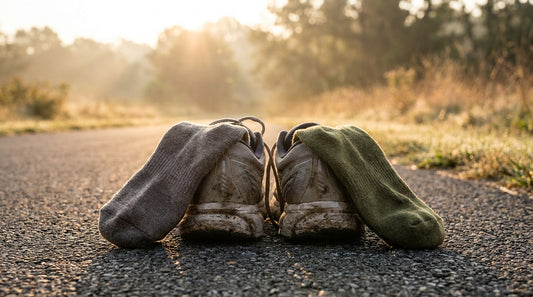 A pair of merino wool running socks draped over distance running shoes on an asphalt trail in soft morning light