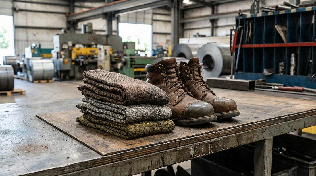 Heavy-duty merino work socks in earth tones next to safety boots on a workshop surface