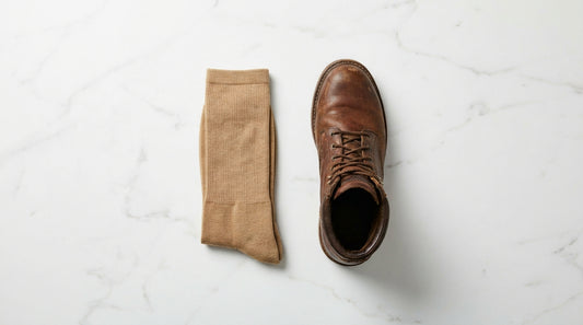 Bamboo moisture wicking boot socks laid flat next to a leather work boot on a wooden surface