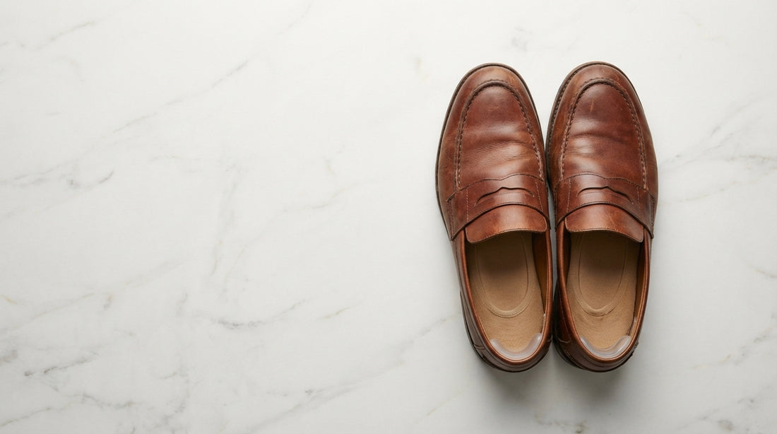 No-show socks shown from above inside leather loafers demonstrating invisible coverage with heel grip visible