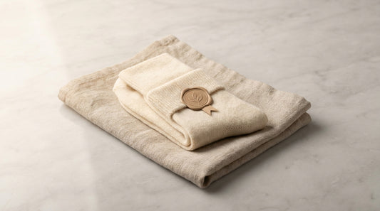 Premium socks with a certification badge seal on a natural linen surface