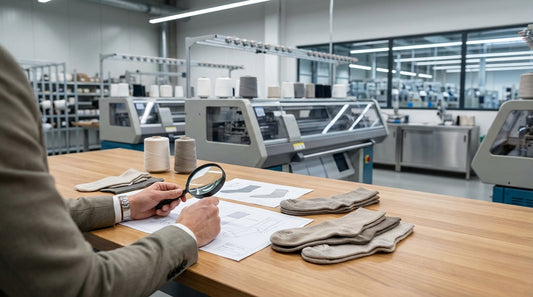 B2B buyer reviewing OEM sock manufacturing specifications and samples at a quality production facility