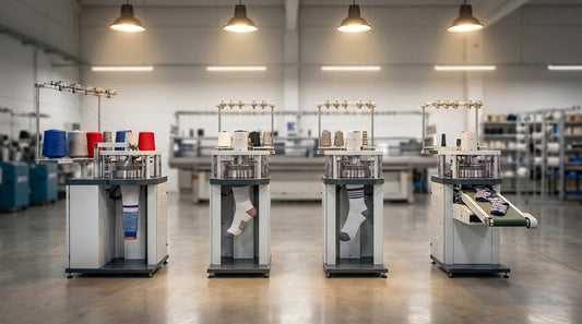 Socks in progressive stages of OEM manufacturing on Italian Lonati knitting machines, from yarn cones to finished pairs, professional factory floor lighting