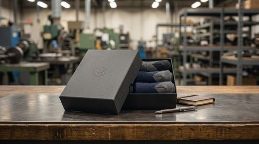 Premium branded socks in custom gift packaging on a corporate desk with company logo