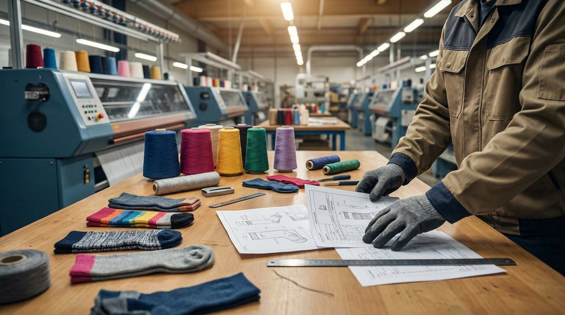 Sock manufacturing professional reviewing technical specification documents with yarn samples and material swatches spread across a production planning table