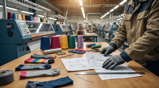 Sock manufacturing professional reviewing technical specification documents with yarn samples and material swatches spread across a production planning table
