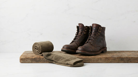 Tall over-the-calf merino boot socks rolled and displayed next to rugged leather work boots on weathered wood