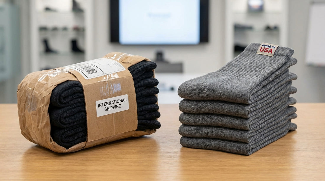 Two stacks of socks one with overseas shipping materials one with a Made in USA tag