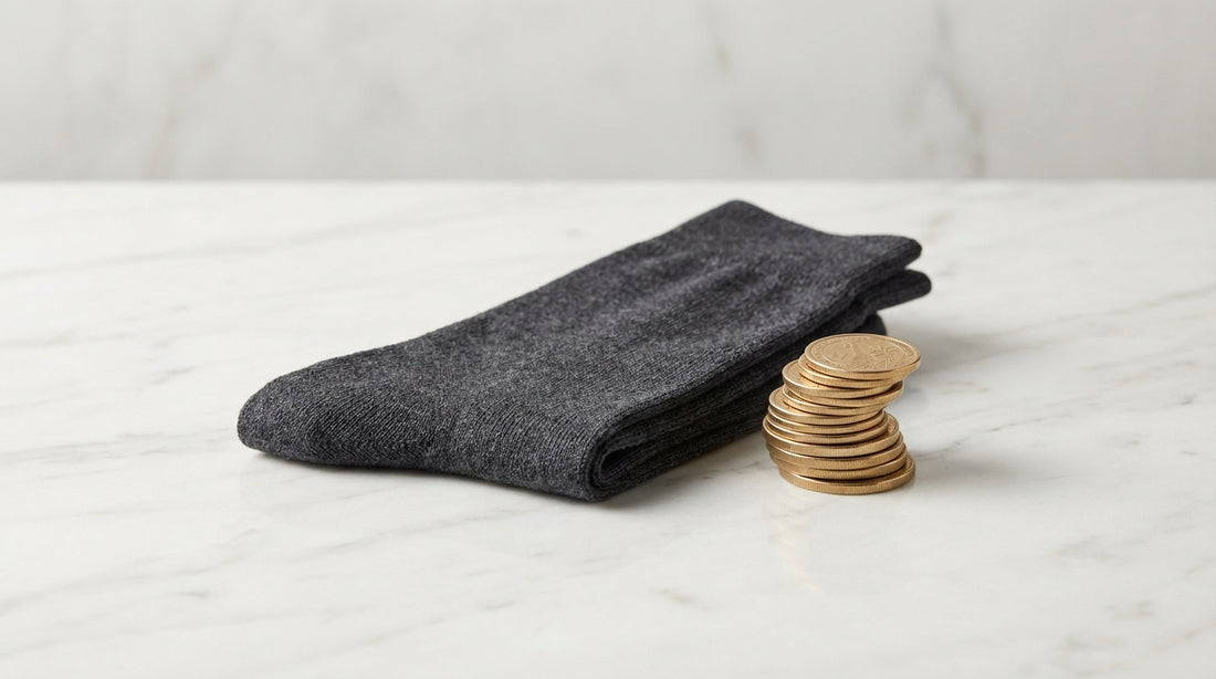 Premium sock pair next to a stack of coins showing cost-per-wear value concept