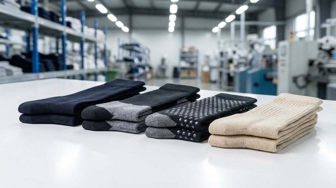 Curated collection of private label sock product lines including dress, athletic, grip, and bamboo eco socks arranged on a clean white surface