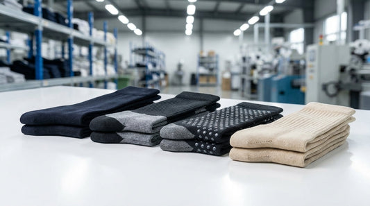 Curated collection of private label sock product lines including dress, athletic, grip, and bamboo eco socks arranged on a clean white surface