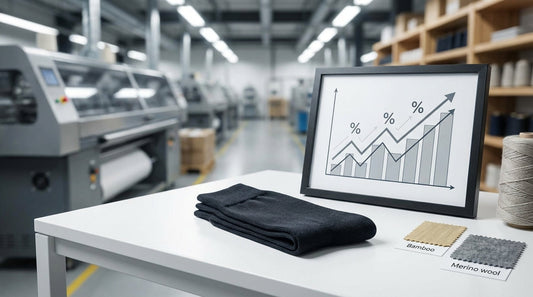 Premium private label dress socks displayed beside a financial ROI chart on a clean white desk with bamboo and merino wool material swatches