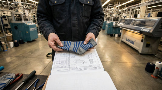 Close-up of a manufacturer's hands examining a knitted sock proto sample against a tech pack spec sheet on a production floor with Lonati knitting machines in the background